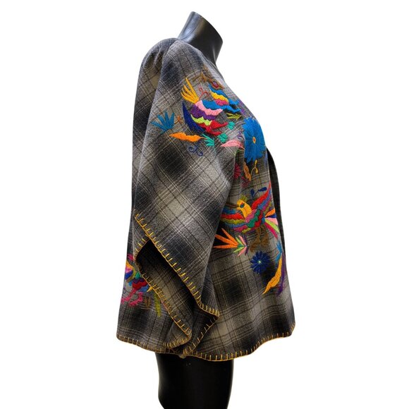 Sister Mary Embroidered Cape Gray Plaid With Multicolor Floral Design M - Picture 3 of 6